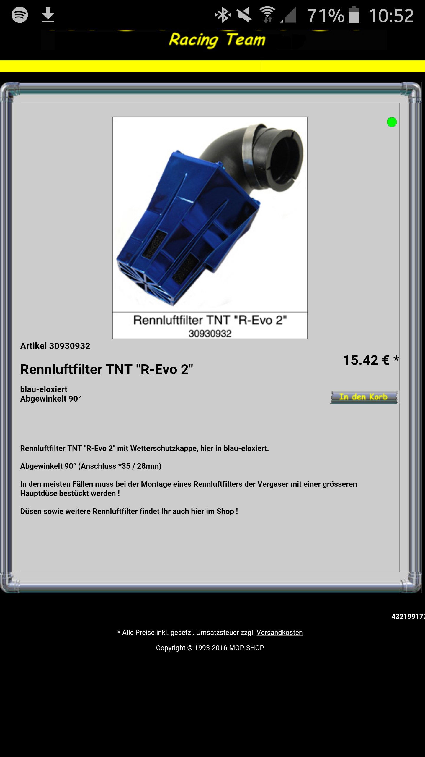 Rennluftfilter für TDR LC 2T